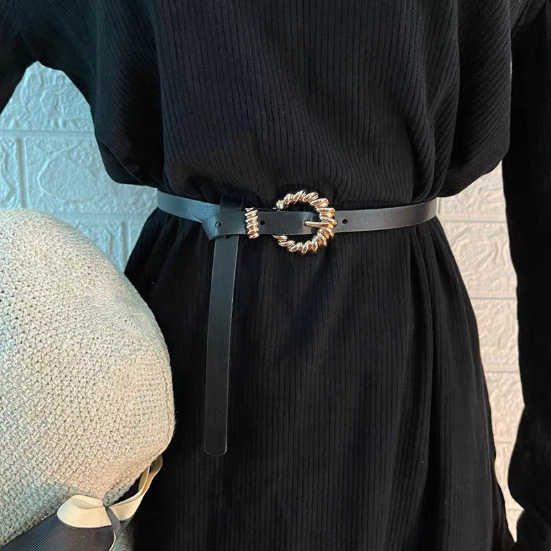 Vestido pequeno cinto senhoras moda tecido fivela cinto fino