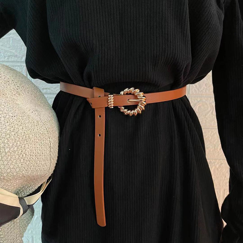 Vestido pequeno cinto senhoras moda tecido fivela cinto fino