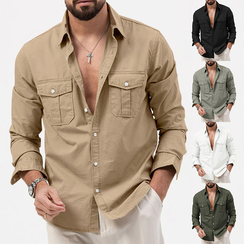 Camisa masculina multibolso cor sólida casual manga comprida top