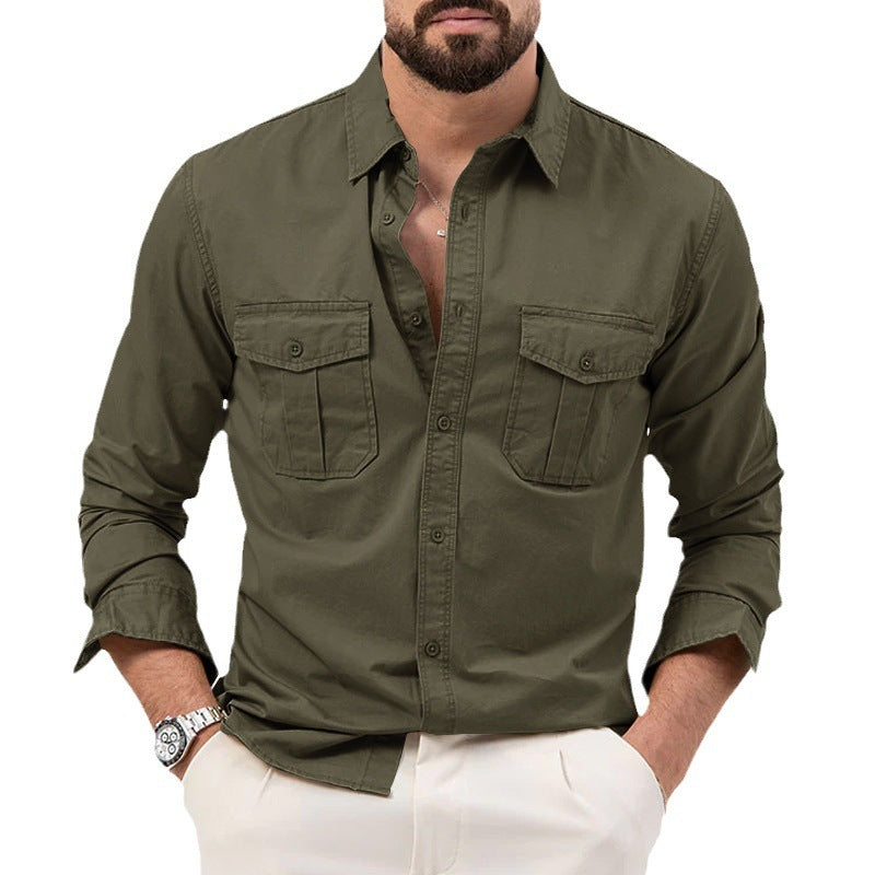 Camisa masculina multibolso cor sólida casual manga comprida top