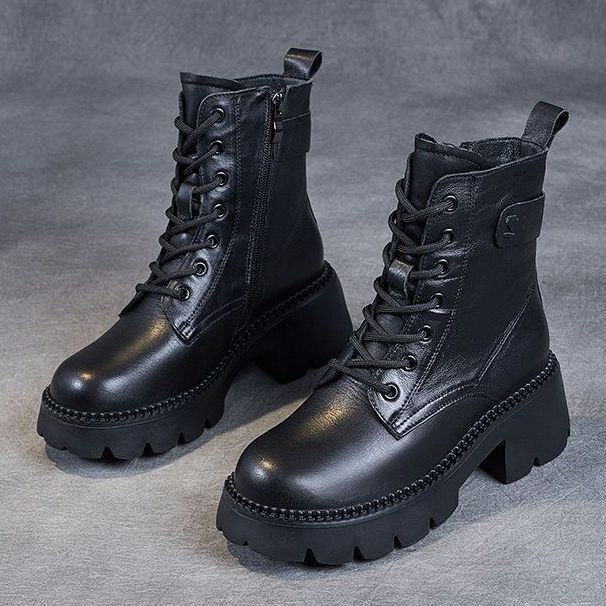 Botas Martin plataforma forradas de lã estilo britânico salto alto feminino