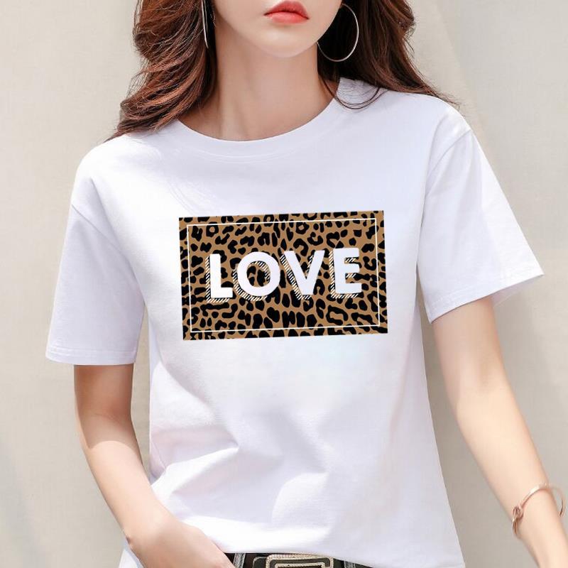 Tecido Modal Feminino Estampa de Leopardo Estampa de Coração Nova Manga Curta