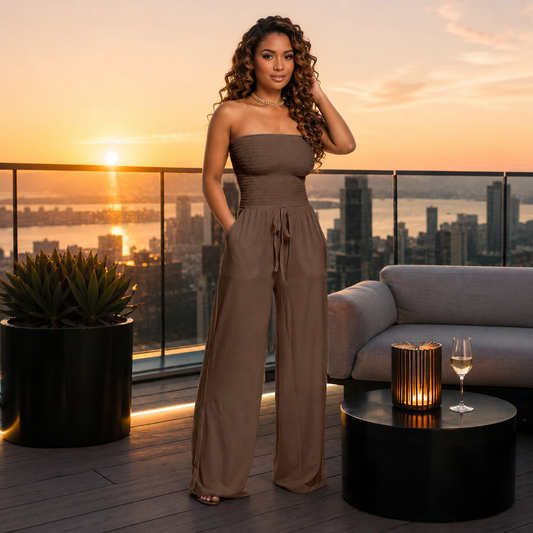 Strapless jumpsuit with ruched detail and lace-up design. Wide-leg, stylish, and perfect for a bold look.