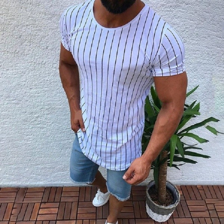 Listrado gola redonda manga curta masculino