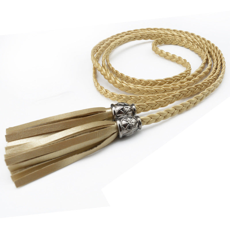 Cinto feminino trançado com borla decorativa na cintura