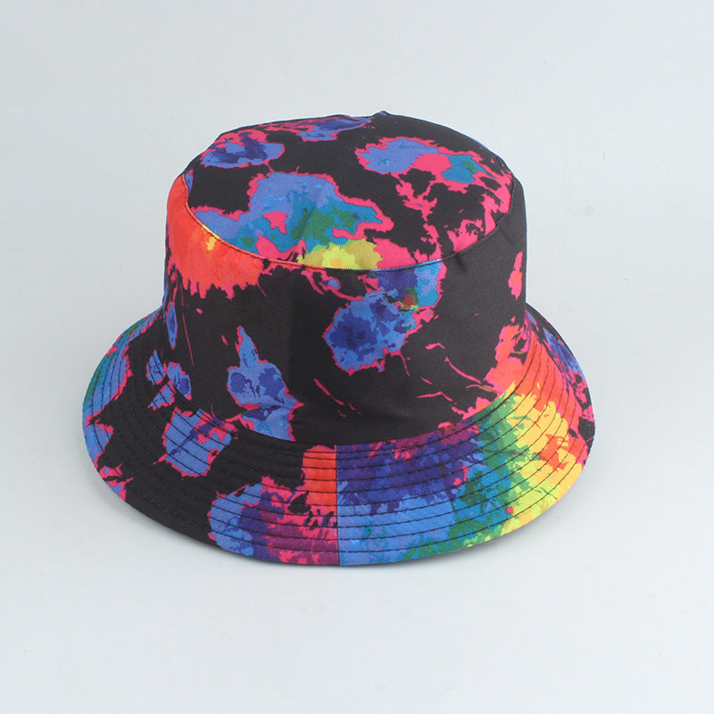 Novo estilo impresso dupla face chapéu de pescador cor tie-dye hip-hop casual flat top chapéu de bacia