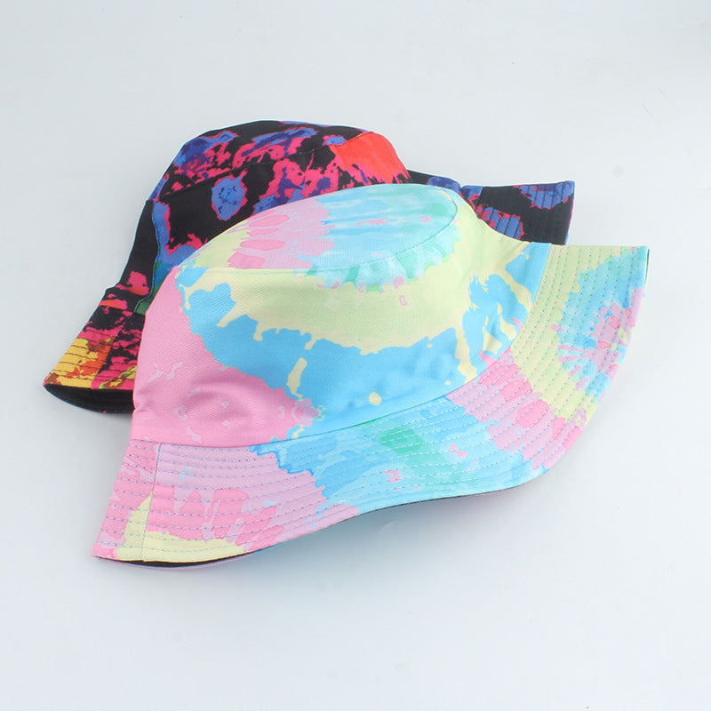Novo estilo impresso dupla face chapéu de pescador cor tie-dye hip-hop casual flat top chapéu de bacia