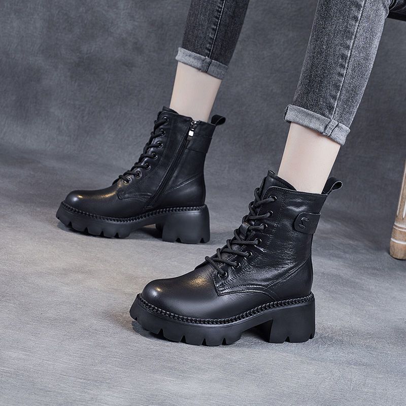 Botas Martin plataforma forradas de lã estilo britânico salto alto feminino