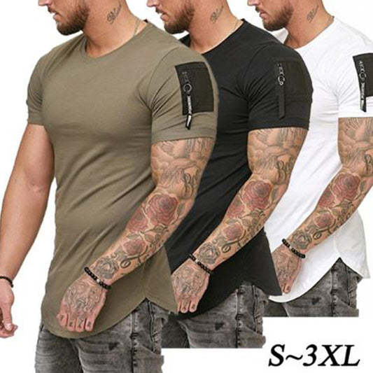Camiseta deportiva europea y americana ajustada de color sólido con cuello redondo y mangas cortas
