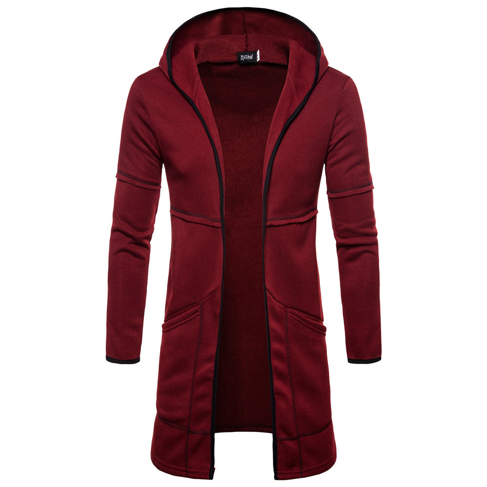 Cardigan masculino de manga comprida e comprimento médio com capuz, cor sólida, suéter masculino juvenil
