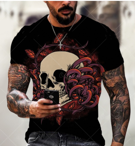 Camiseta de manga corta con estampado 3D de calaveras para hombre, estilo casual y atractivo