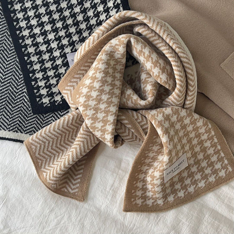 Cachecol estampado com padrão pied-de-poule e ondas, estilo coreano, moda feminina, versátil, de malha, dupla face, quente, de lã