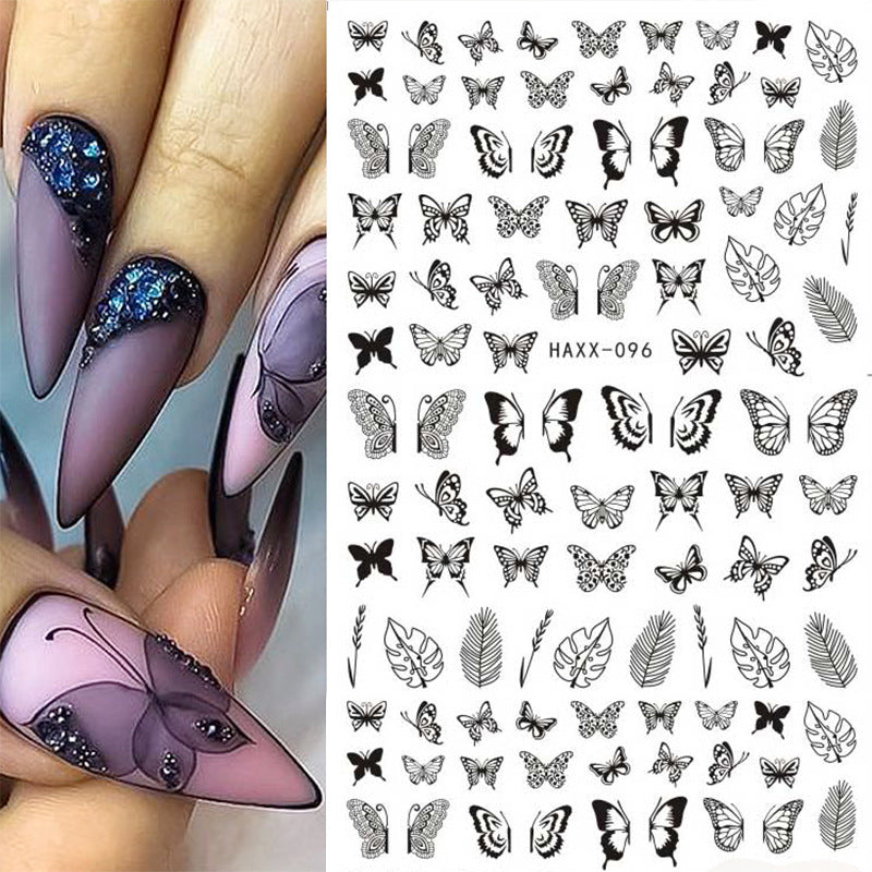 Adesivos de unhas de borboleta preta decalques flor branca adesivo manicure