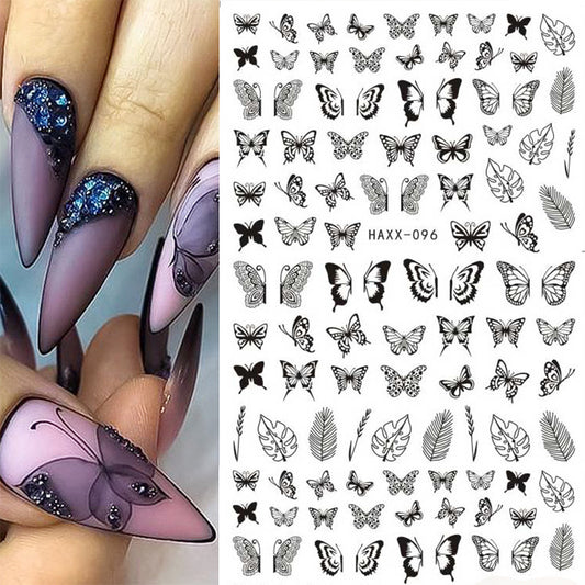 Pegatinas de mariposas negras para uñas, calcomanías adhesivas de flores blancas para manicura