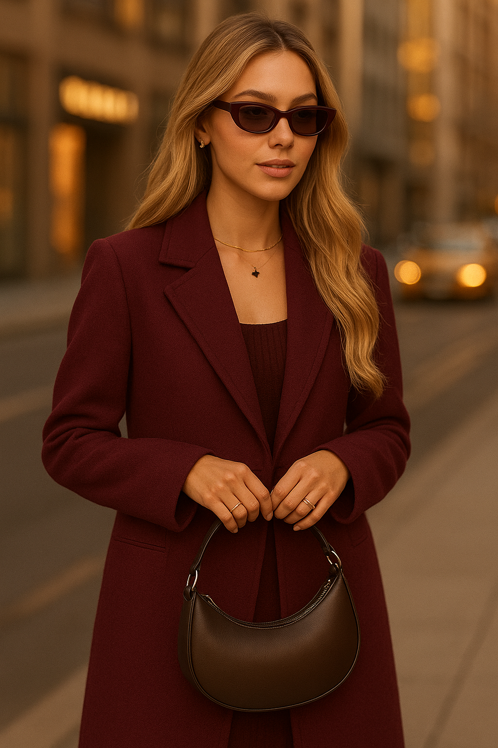 Burgundy Wool Blend Double-Breasted Coat – Autumn & Winter