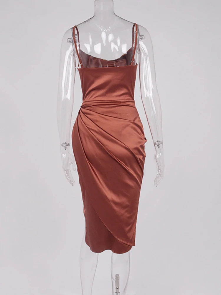NewAsia Satin Dress Shiny Split Spaghetti Strap Ruched Swinging Collar High Waist Party White Dress Midi Robe Sexy Woman Dresses
