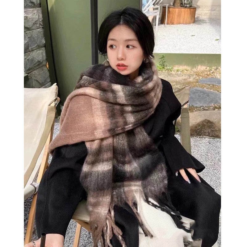 Cachecol xale externo com design pied-de-poule em cashmere feminino