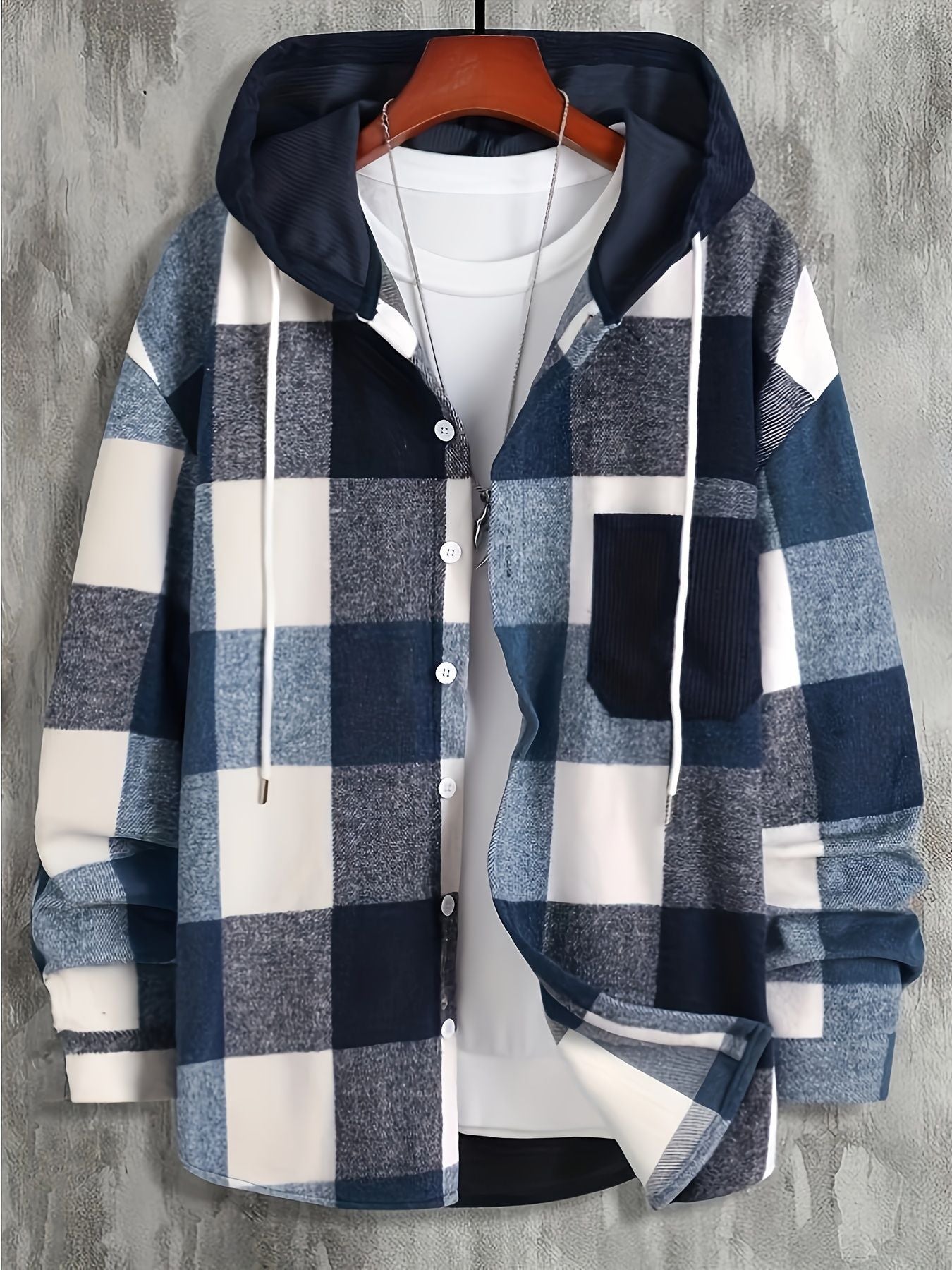 Camisa masculina de manga comprida com capuz e bolso xadrez com espessura externa