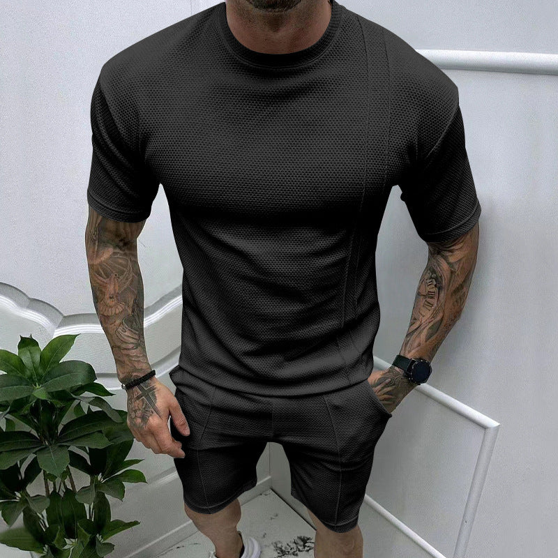 Shorts de manga curta com decote redondo, terno esportivo e lazer