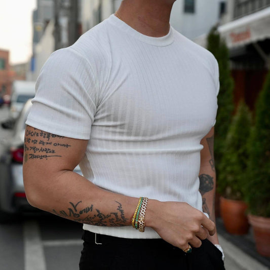 Camiseta deportiva de verano para hombre, informal, de fitness, con cuello redondo, elástica, de manga corta