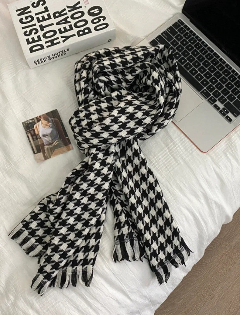 Cachecol xale externo com design pied-de-poule em cashmere feminino