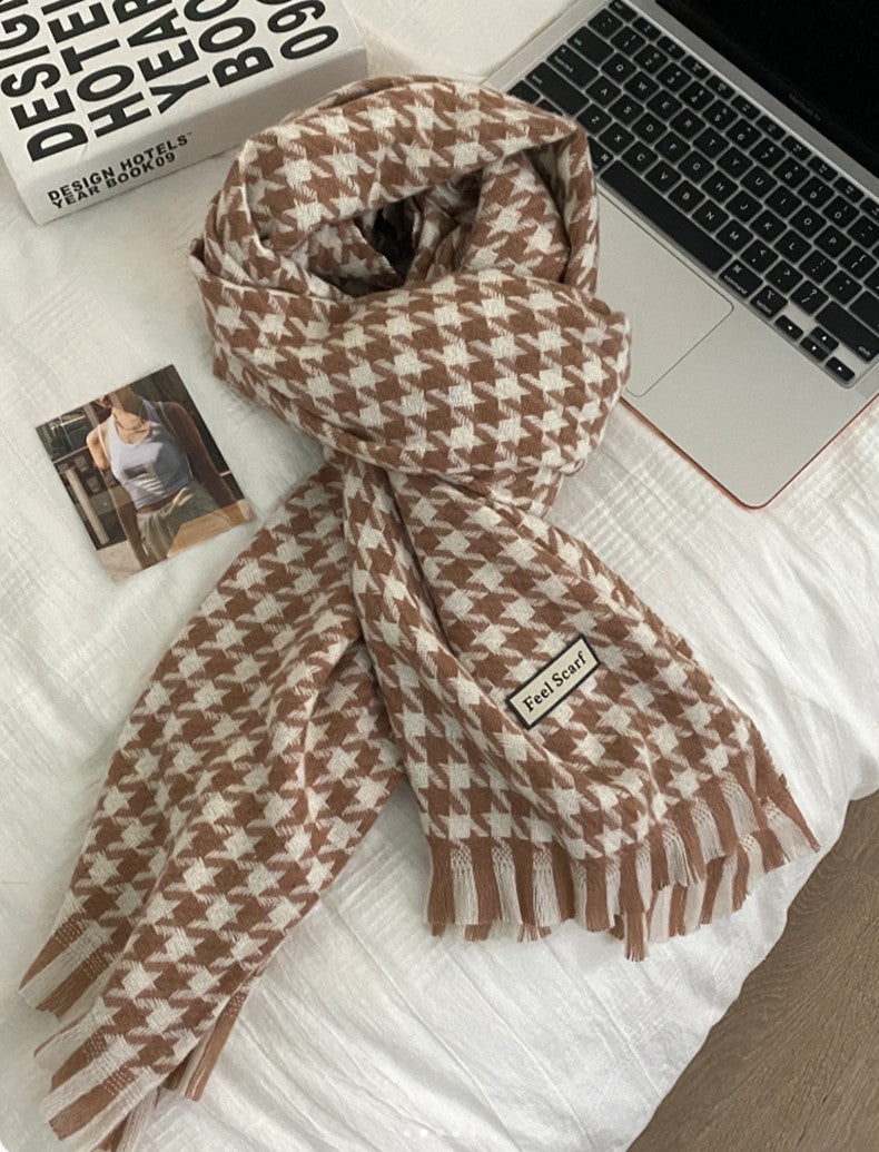 Cachecol xale externo com design pied-de-poule em cashmere feminino