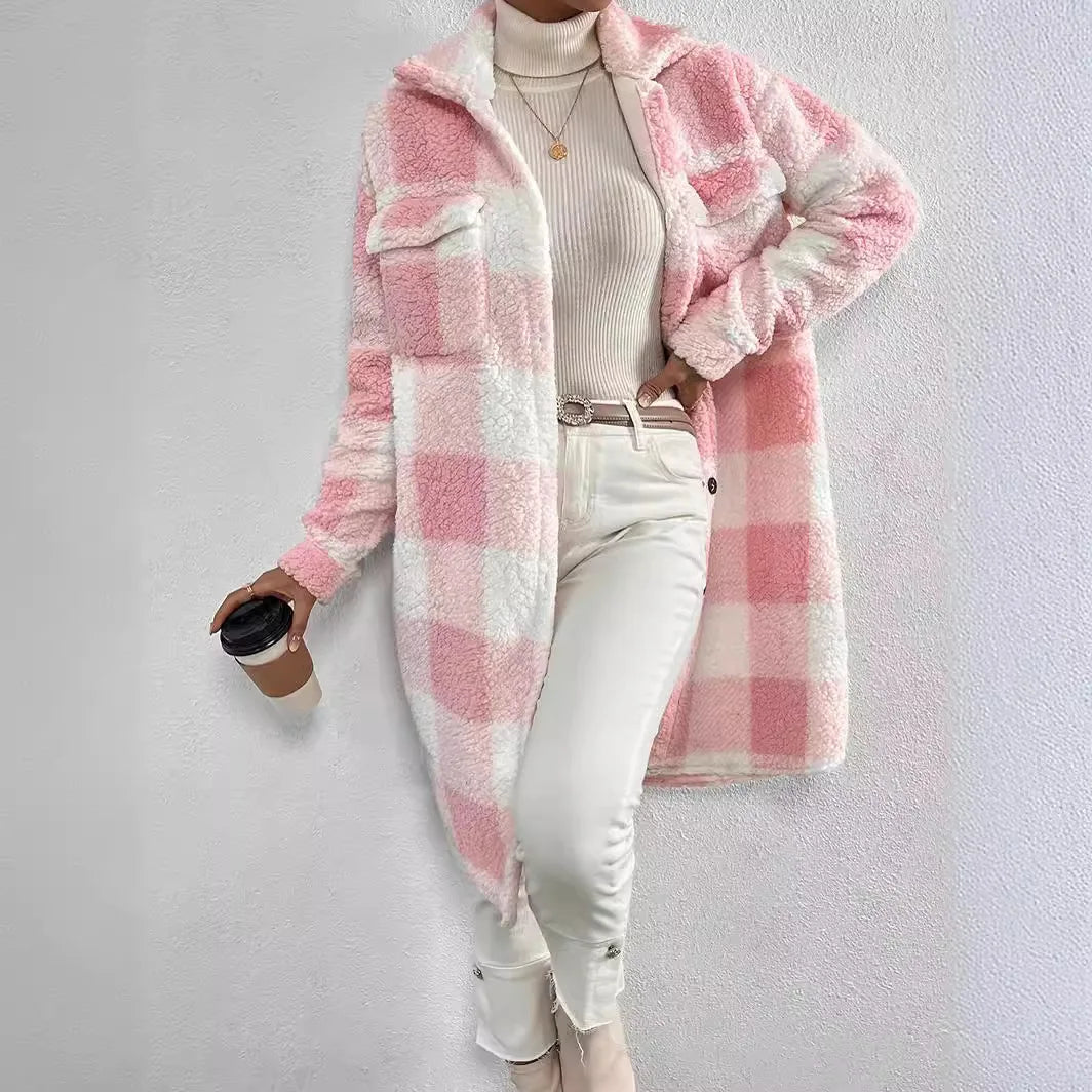 Long Plaid Fleece Coat with Pockets – Autumn & Winter