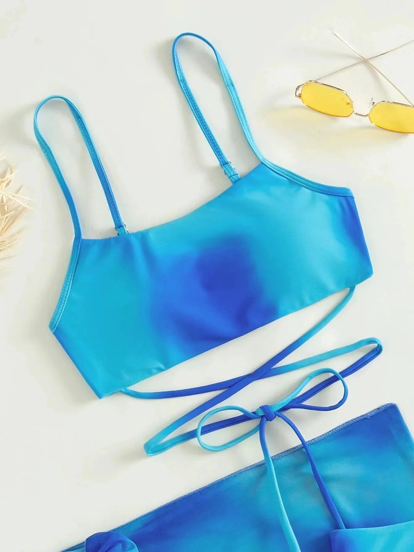 Stylish Tie-Dye 3-Piece Bikini Set with Mesh Skirt. Perfect for summer!