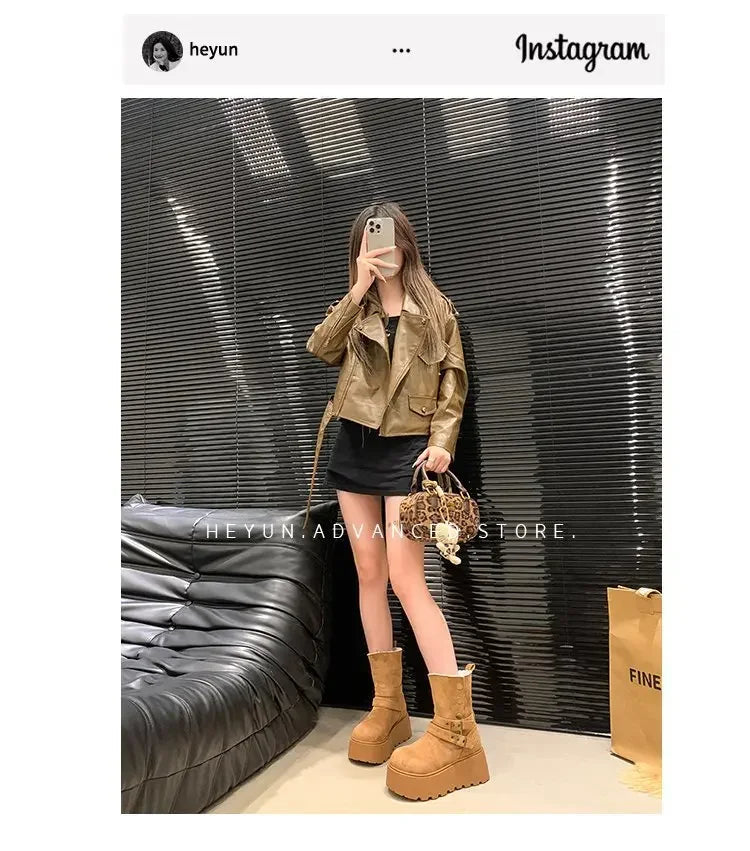 Women’s Winter Boots – Thick sole, ultra high heel, fleece-lined, mid-calf, round toe.
