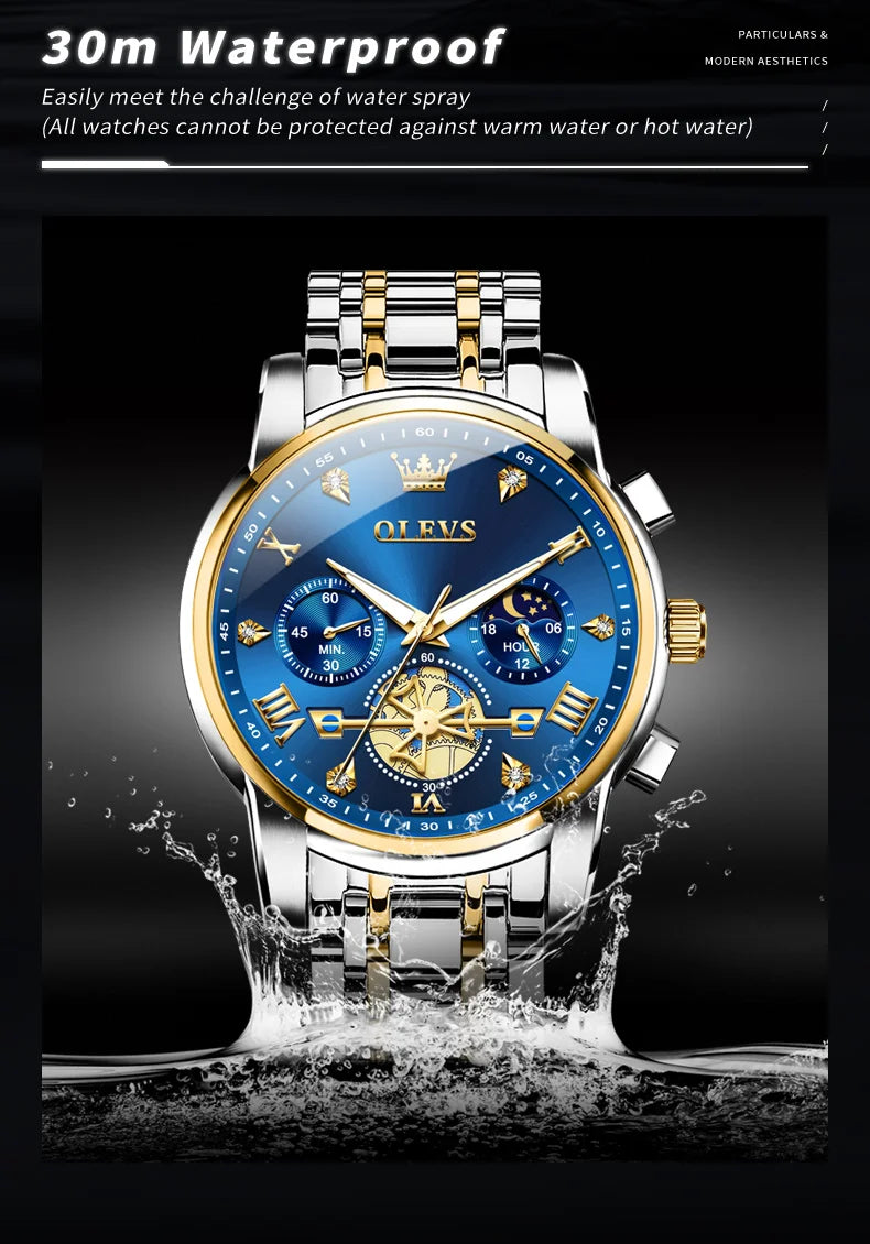 OLEVS 2856 Original Quartz Dress Watch For Men Moon Phase Stainless Steel Business Wristwatch Waterproof Luminous Man Watches