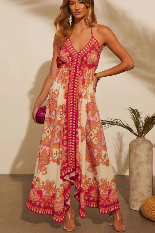Women's Bohemian Floral Halter Dress – Long, V-Neck, Perfect for Summer, Beach Days, and Casual Outings.