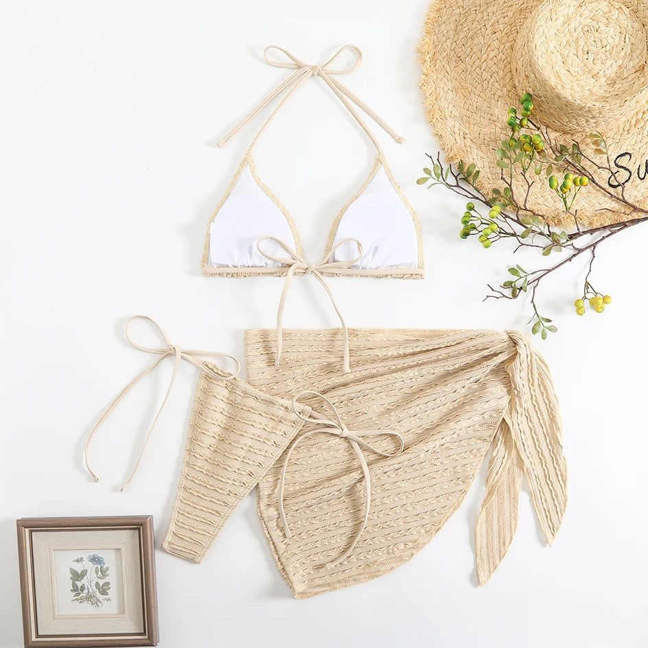 Sexy 3-Piece Bikini Set with Beach Cover-Up. Stylish, comfortable, and perfect for summer days.