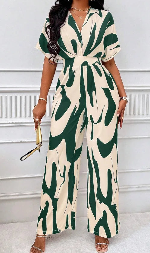 Spring Summer New Printed Short Sleeve For Women's Jumpsuit Fashion Waist Slim Simple Elegant Female Office Jumpsuit Pants