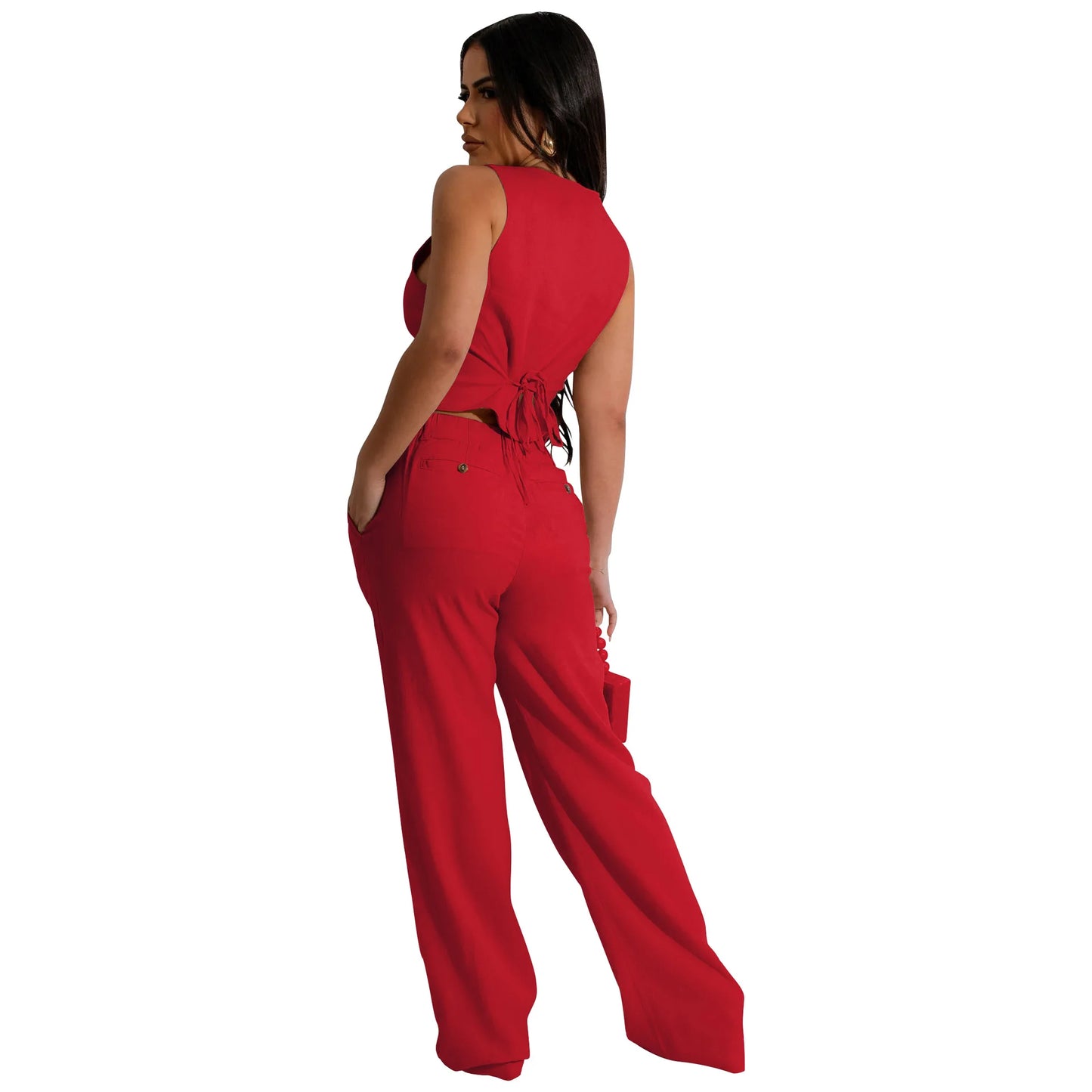 Fashion Sleeveless Vest Pants Women Solid Color Suit Spring Summer V Neck Ultra Short Top + Slim Pants Female Office 2 Piece Set