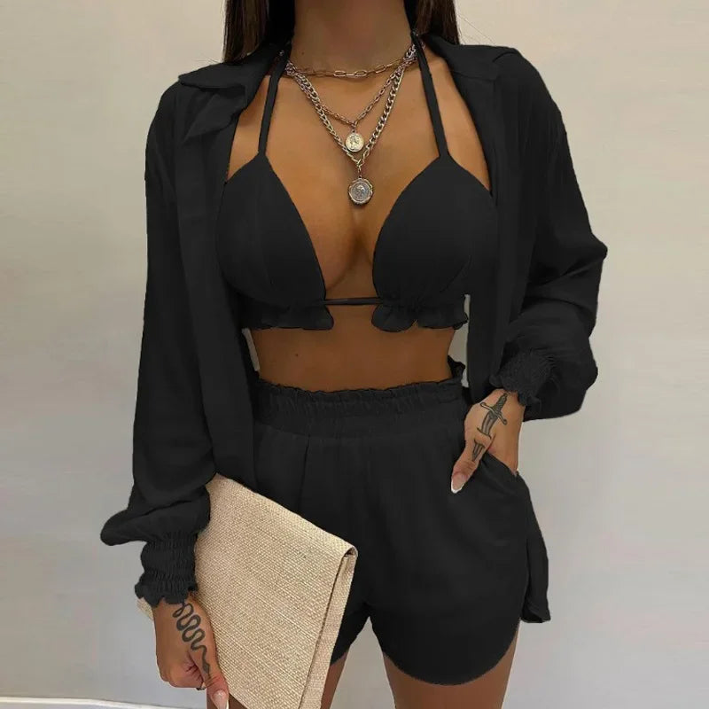 Conjunto Feminino 3 Peças Verão 2025 – Look Sexy, Confortável e Casual com Shorts Estilosos para Praia.