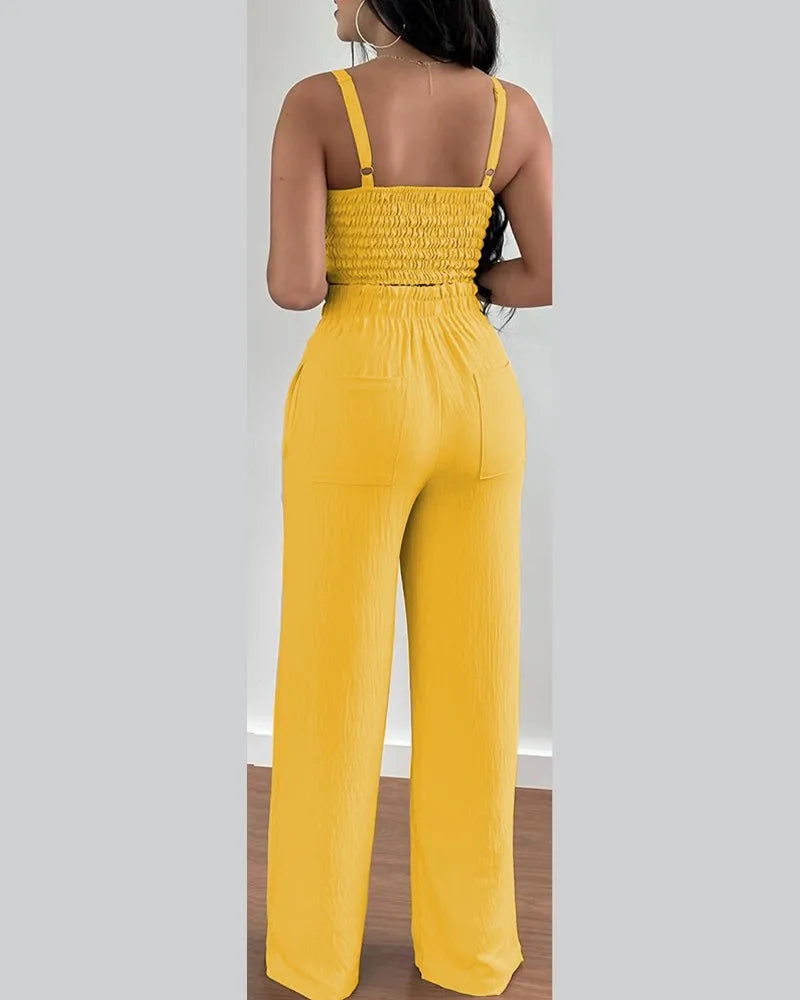 Elegant 2-piece set with a V-neck crop top and lace-up wide-leg pants — modern, flattering, and effortlessly chic.