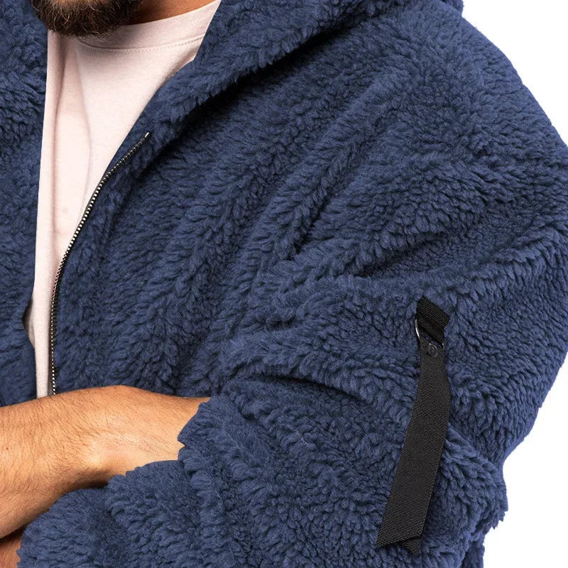 Men’s Fleece Jacket – Hooded, warm, loose fit, casual winter style.