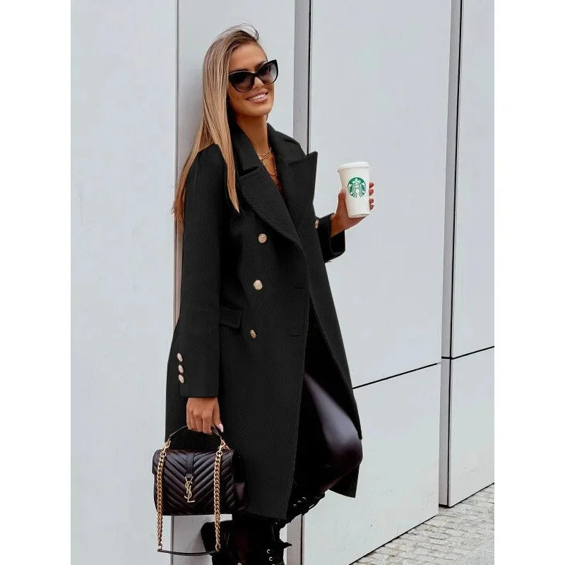 Women’s Double-Breasted Wool Coat – Midi length, V-neck, elegant and fashionable.