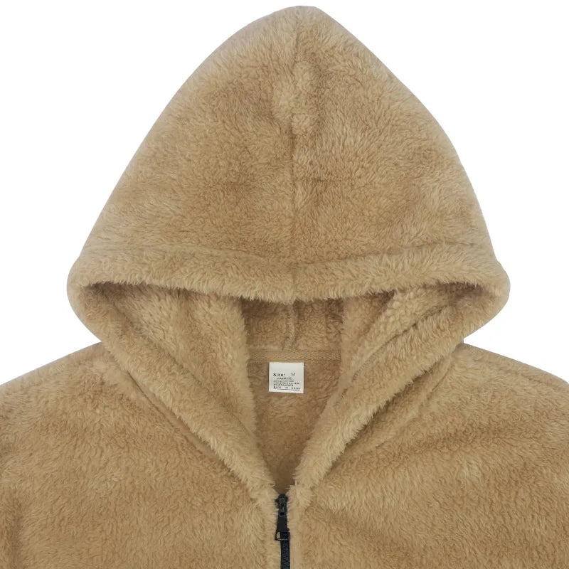 Men’s Fleece Jacket – Hooded, warm, loose fit, casual winter style.