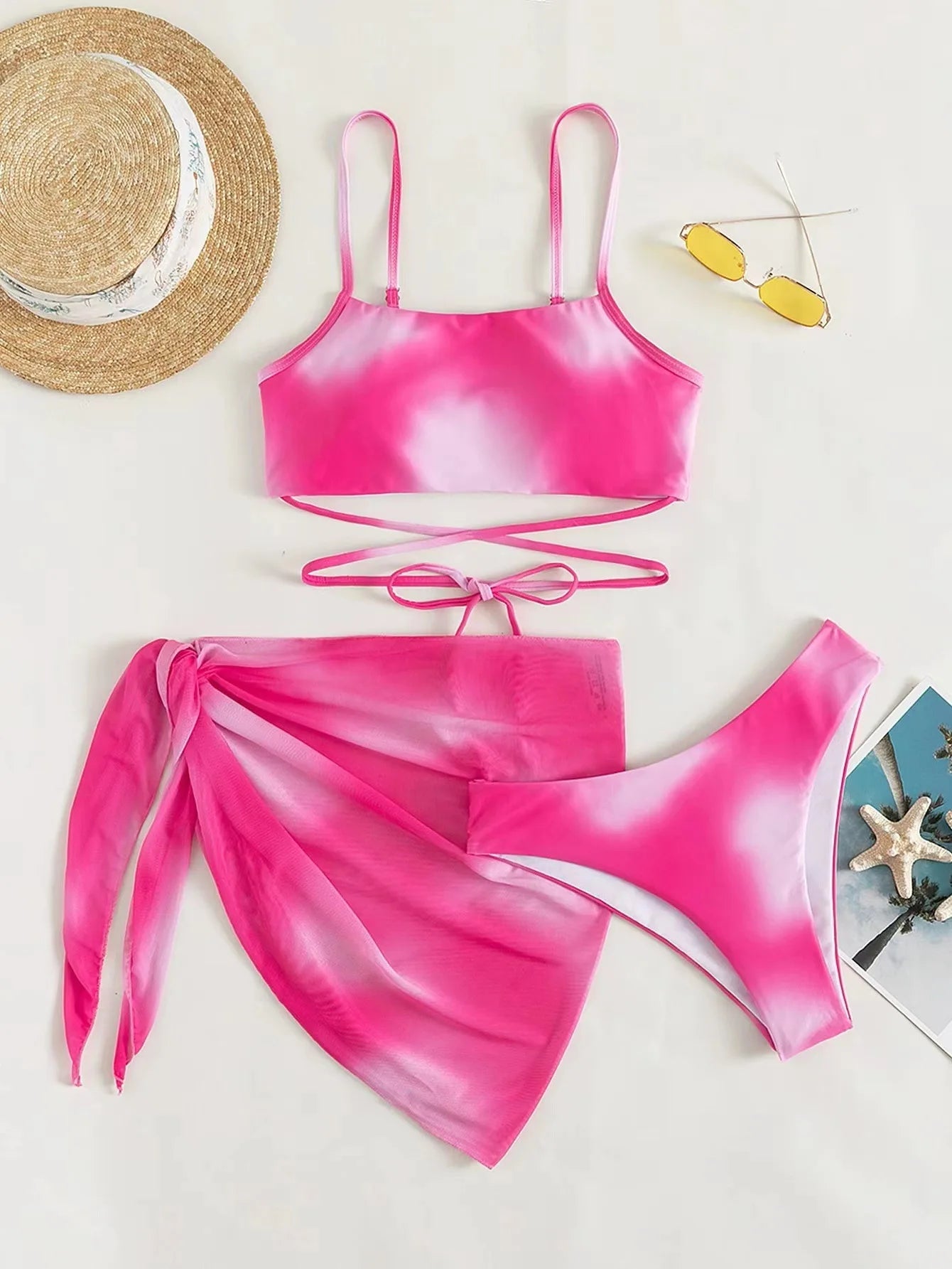 Stylish Tie-Dye 3-Piece Bikini Set with Mesh Skirt. Perfect for summer!