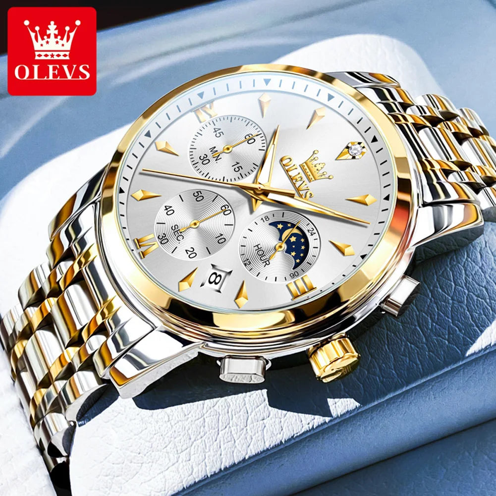 OLEVS 3639 Moon Phase Quartz Watch For Men Fashion Chronograph Luxury Wristwatch Waterproof Luminous Date Business Man Watches