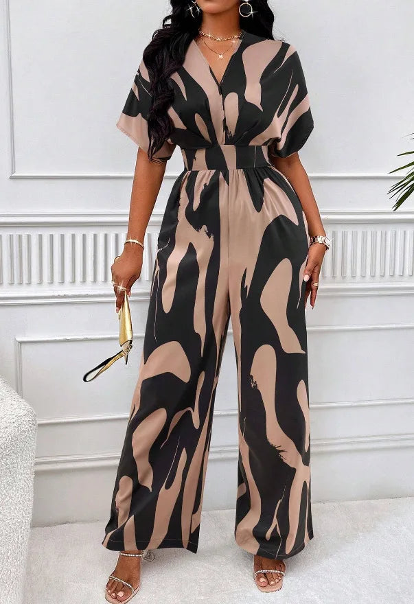 Spring Summer New Printed Short Sleeve For Women's Jumpsuit Fashion Waist Slim Simple Elegant Female Office Jumpsuit Pants