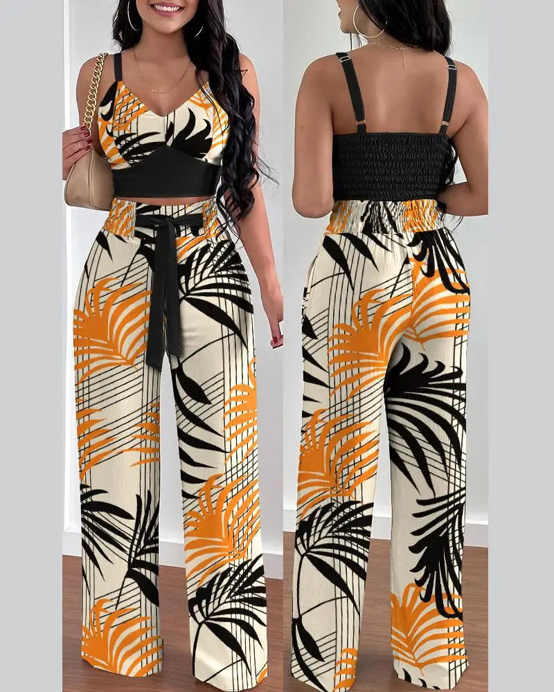 Elegant 2-piece set with a V-neck crop top and lace-up wide-leg pants — modern, flattering, and effortlessly chic.
