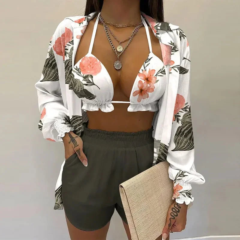 Conjunto Feminino 3 Peças Verão 2025 – Look Sexy, Confortável e Casual com Shorts Estilosos para Praia.