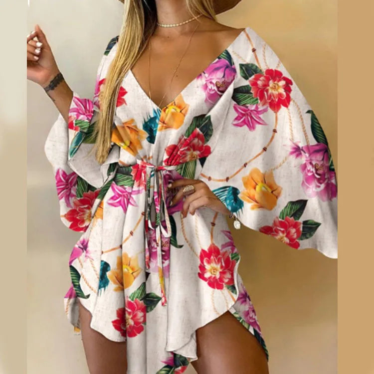 Boho Floral Mini Dress – Sexy V-Neck, Bat Sleeves & Flowy Fit for a Relaxed Summer Look.