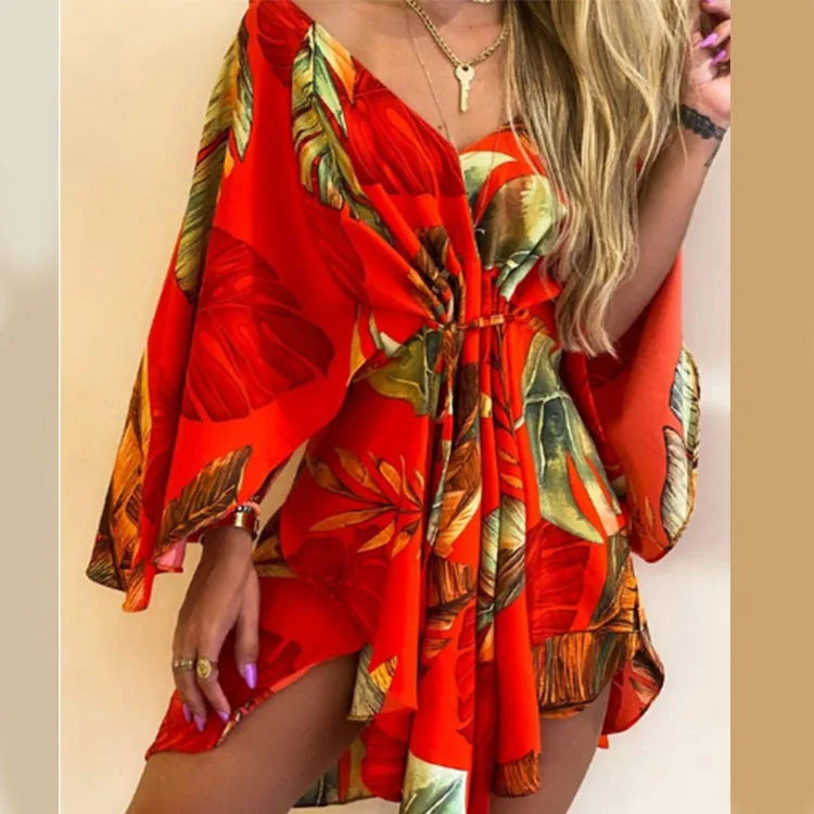 Boho Floral Mini Dress – Sexy V-Neck, Bat Sleeves & Flowy Fit for a Relaxed Summer Look.