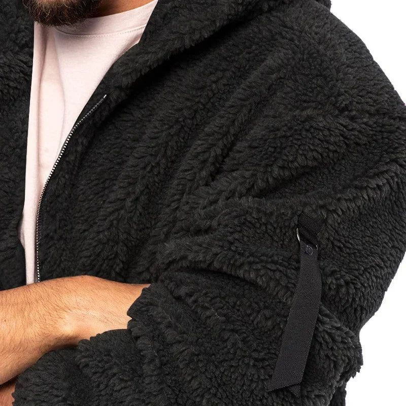 Men’s Fleece Jacket – Hooded, warm, loose fit, casual winter style.
