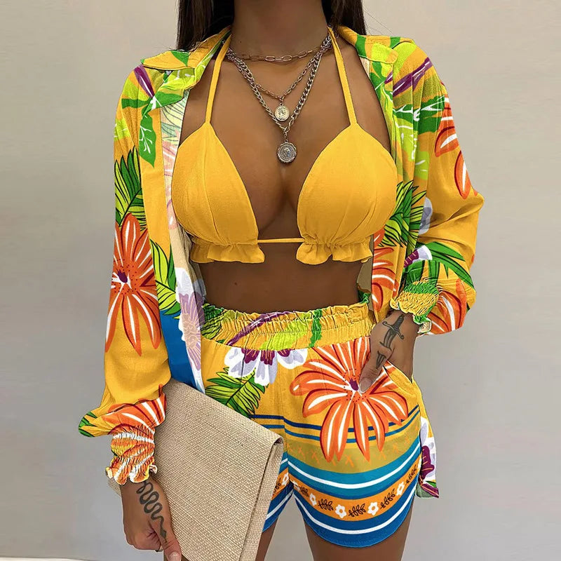 Conjunto Feminino 3 Peças Verão 2025 – Look Sexy, Confortável e Casual com Shorts Estilosos para Praia.