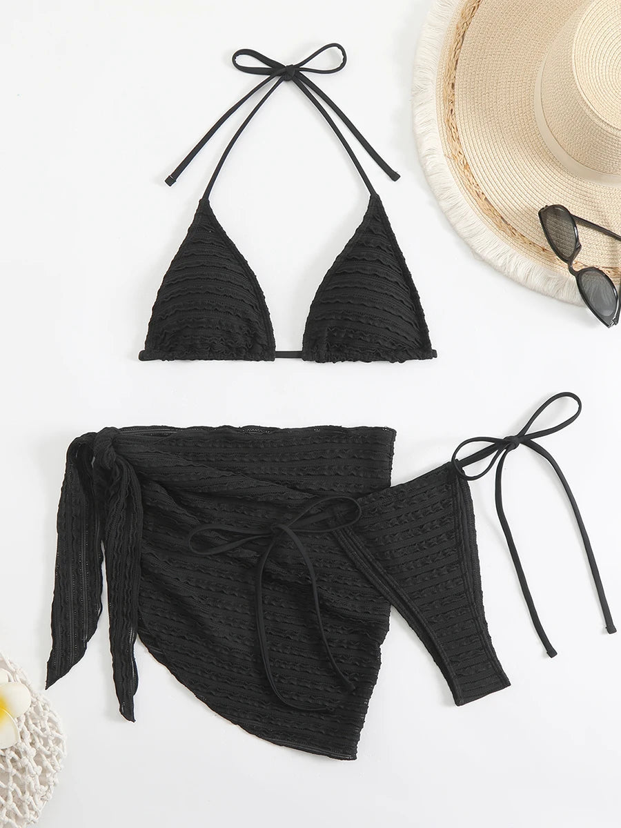 Sexy 3-Piece Bikini Set with Beach Cover-Up. Stylish, comfortable, and perfect for summer days.