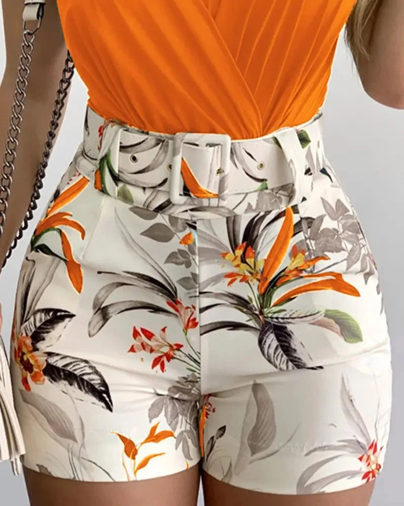 Summer Women's Print Two-piece 2024 Fashion Deep V-neck Belt Beach Style Holiday Style Casual Sexy Two-piece Set
